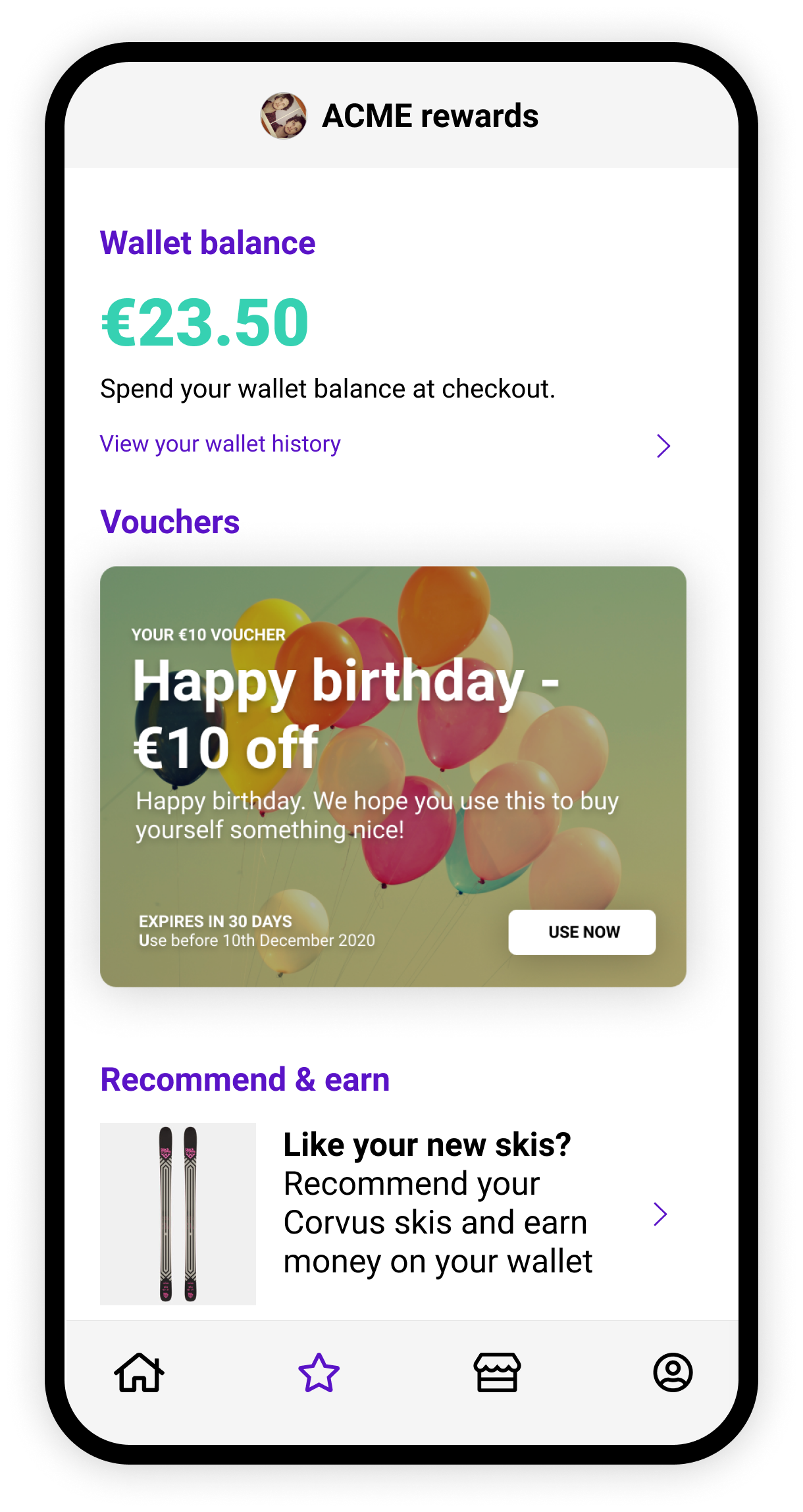 Spaaza iOS and Android apps personalised rewards screen
