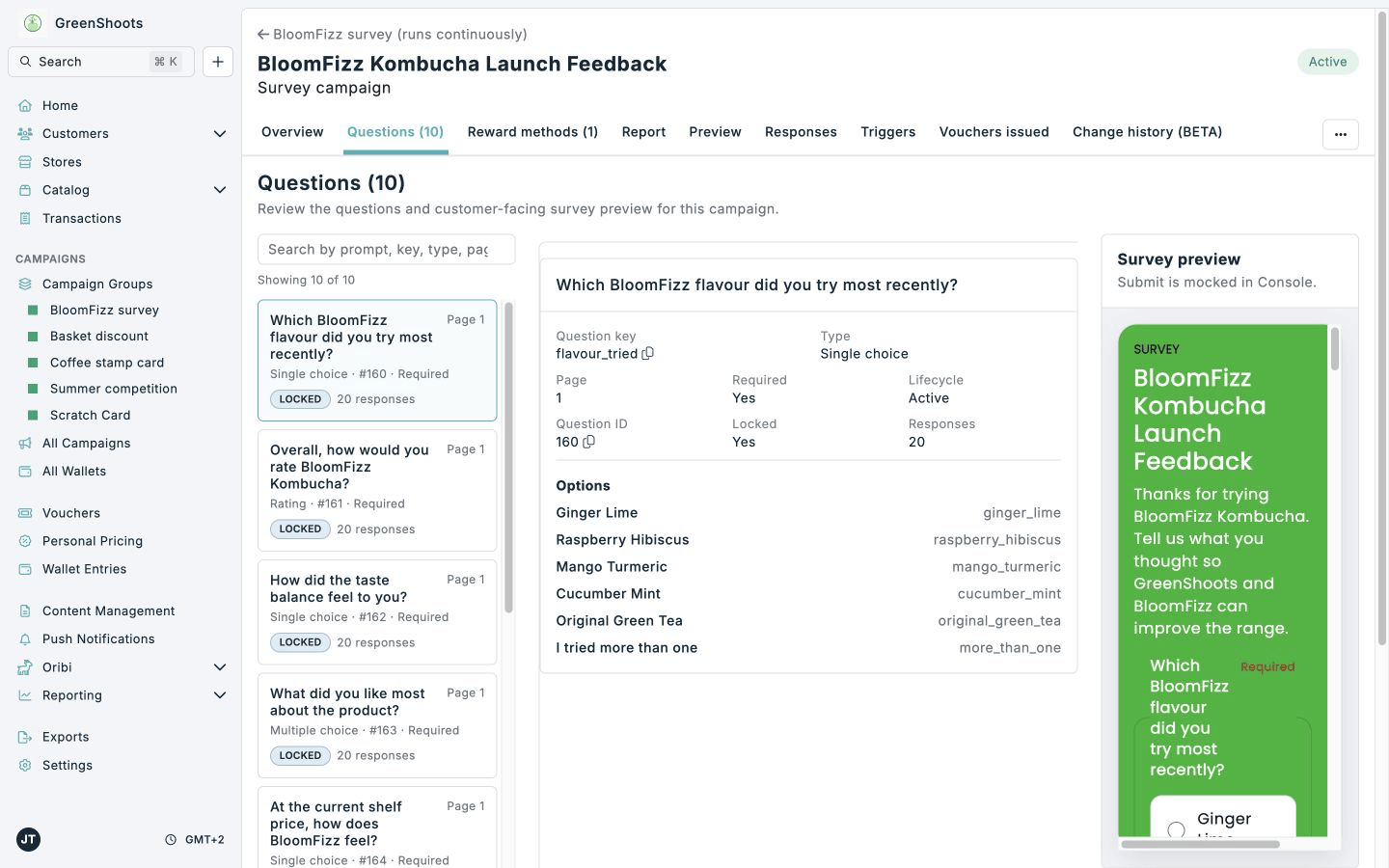Survey question workspace in Spaaza Console