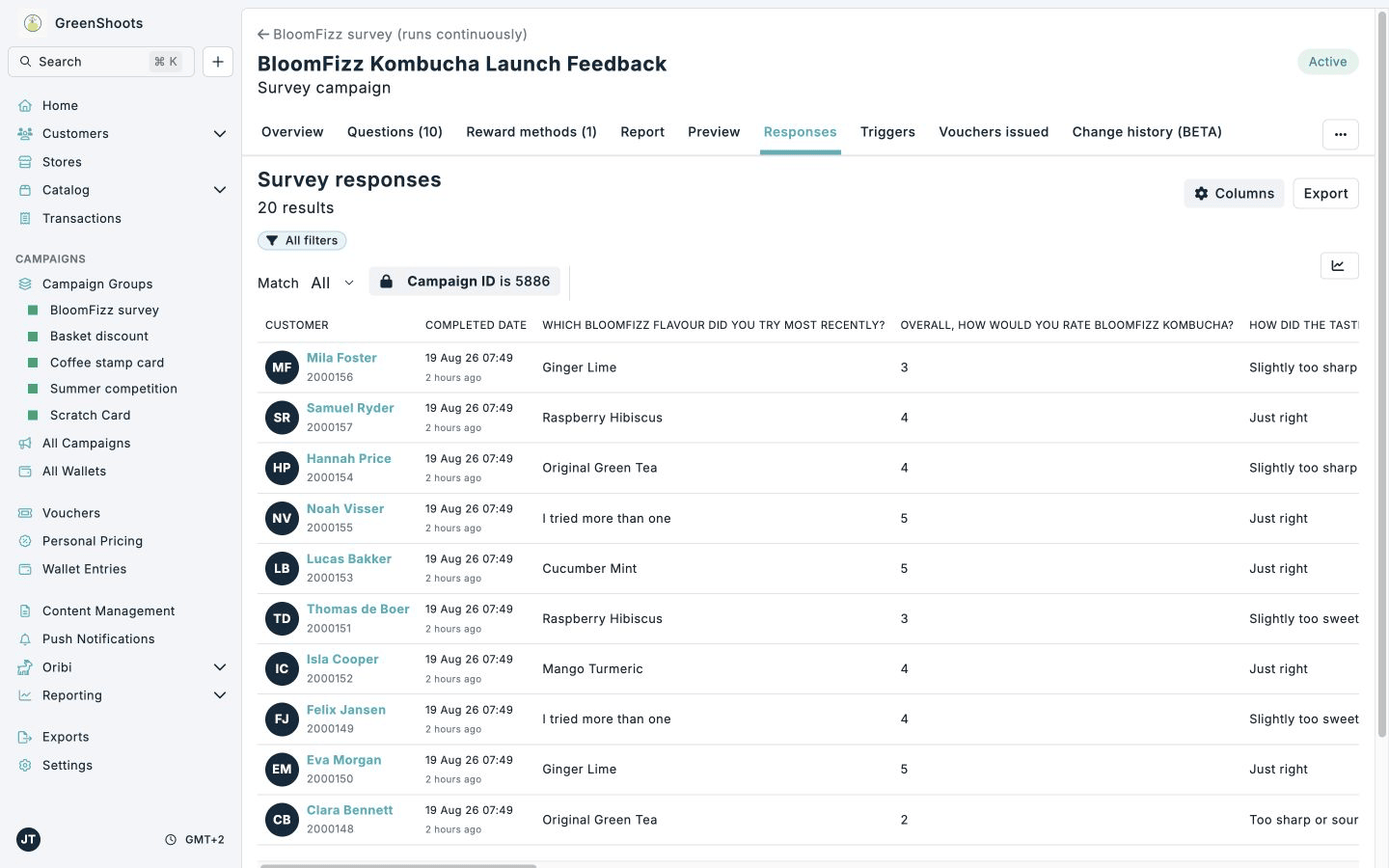 Survey response table with filters, configurable columns, and export in Spaaza Console using fictional demo data